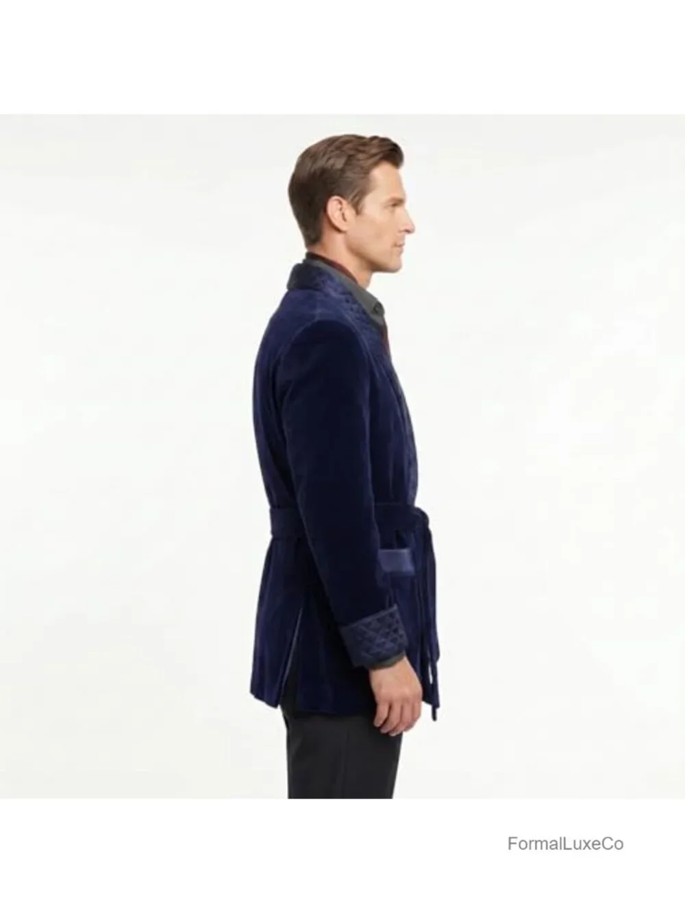 Men's Velvet Smoking Jacket with Quilted Shawl Collar & Belt